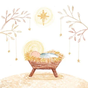 Pack of 10 Premier Lifeline Christmas Cards featuring a serene Nativity scene with a baby Jesus in a manger, perfect for sending religious Christmas greetings.