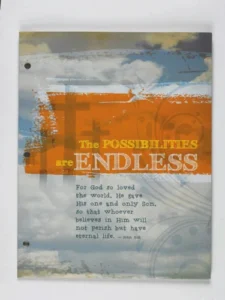 A children's stationery folder featuring the John 3:16 Bible verse on the cover, designed to hold A4 sized papers for school or church use.