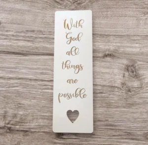 A decorative Christian bookmark featuring the inspirational quote With God all things are possible, part of our inspirational stationery collection within the Pens and Bookmarks category.