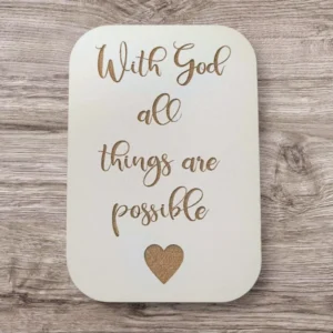 Decorative fridge magnet featuring the inspirational quote With God All Things Are Possible, designed as a unique motivational gift from the Rock Foundation magnet collection.