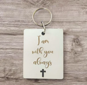 A meaningful, inspirational keyring engraved with the message I am with you always, perfect as a thoughtful gift from the Rock Foundation keyring collection.