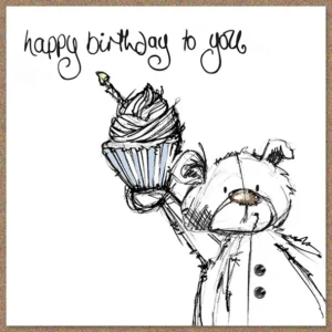 A hand-finished birthday greeting card featuring the cute Scribble-Bear character, perfect for celebrating special birthday occasions.