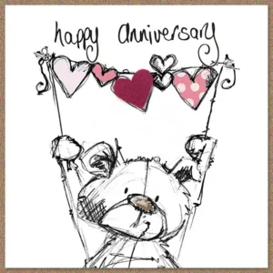 A hand-finished Tracey Russell greeting card featuring the cute Scribble-Bear character, perfect for wedding and anniversary celebrations.