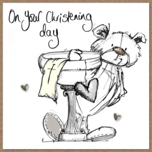 A cute Scribble-Bear character on a 'Tracey Russell - On Your Christening Day' greeting card, perfect for a baby's christening.