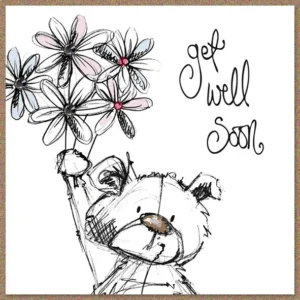 A hand-finished greeting card from the Tracey Russell collection featuring the cute Scribble-Bear character, ideal for sending a get well soon message.
