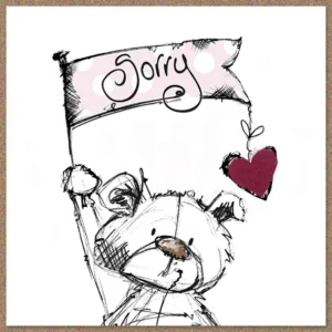 A beautifully hand-finished Tracey Russell greeting card featuring the cute Scribble-Bear character, expressing a 'Sorry' message. Ideal for general greeting card needs or specific apology sentiments.