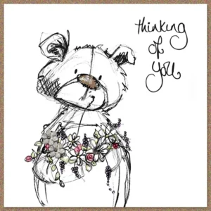 A hand-finished Tracey Russell general greeting card featuring the adorable Scribble-Bear character with a Thinking of You message.
