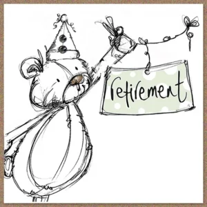 Close-up of a charming 'Retirement' greeting card featuring Tracey Russell's exclusive Scribble-Bear character, perfect for sending retirement wishes.