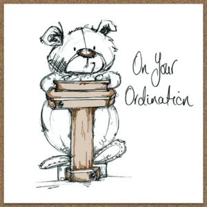 A hand-finished Scribble-Bear illustration on a Tracey Russell greeting card designed for an ordination ceremony celebration.