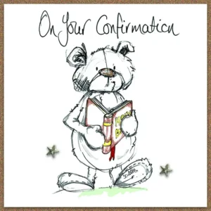 A hand-finished greeting card for a special Confirmation ceremony featuring the artistic Scribble-Bear illustration by Tracey Russell.