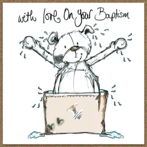 A hand-finished Tracey Russell baptism greeting card featuring the cute Scribble-Bear character, perfect for a religious baptism day celebration.