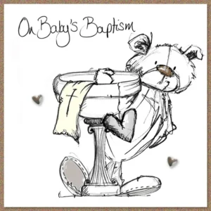 Hand-finished Tracey Russell greeting card featuring the cute Scribble-Bear character for a baby baptism celebration