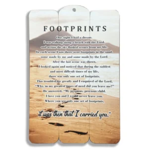 A decorative wooden hanging plaque featuring the inspirational Footprints poem, perfect as a heavenly blessed gift for faith-based home decor.