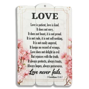 A rustic wooden hanging plaque featuring the scripture Love is patient, Love is kind, perfect as a thoughtful addition to our heavenly blessed gifts collection.