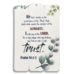 A rustic wooden wall plaque featuring the engraved verse He that dwells in the secret place, serving as a meaningful addition to our collection of hanging plaques and heavenly blessed gifts for home inspiration.