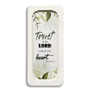 A rectangular white frame featuring the inspirational scripture Trust in the Lord with all your heart, perfect as a piece of Christian wall decor from our Heavenly Blessed Gifts and Pictures & Prints collection.