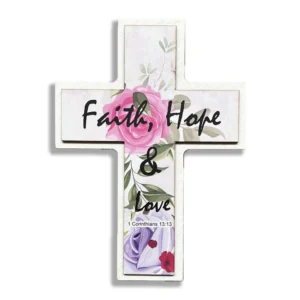 Decorative cross wall plaque featuring the words faith, hope, and love, perfect as a heavenly blessed gift for home decor.