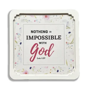 A square white frame featuring the inspirational Christian quote Nothing is impossible with God, part of our heavenly blessed gifts and religious pictures and prints collection.