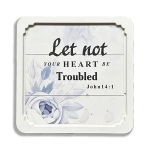 A decorative square white frame featuring the inspirational Christian quote Let not your heart be troubled, displayed as a meaningful piece of wall art within our Heavenly Blessed Gifts and Pictures & Prints collection.