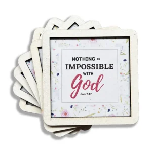A set of six decorative coasters featuring the inspirational quote Nothing is impossible with God, perfect for Christian gifts or home decor in the Heavenly Blessed Gifts collection.