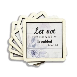 Set of six circular coasters featuring the inspirational Bible verse Let not your heart be troubled, perfect as a thoughtful Heavenly Blessed gift for home decor.