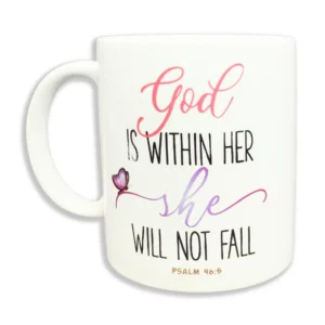 An inspirational ceramic coffee mug featuring the text God is within her, designed as a meaningful gift from our religious and inspirational drinkware mugs collection.