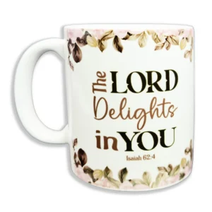 An inspirational ceramic coffee mug featuring The LORD delights in you typography, perfect for a thoughtful religious gift or daily encouragement.