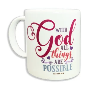An inspirational ceramic coffee mug featuring the text With God All Things in elegant typography, perfect as a thoughtful Christian gift or drinkware for daily motivation.