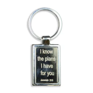 A durable stainless steel keyring engraved with the inspirational bible verse I know the plans I have for you from Jeremiah 29:11, serving as a meaningful accessory within our religious and inspirational keyrings collection.