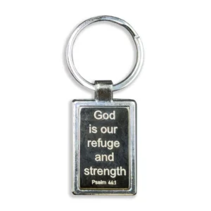 A durable stainless steel keyring engraved with the inspirational bible verse Psalm 46:1, God is our refuge and strength, perfect as a religious gift.