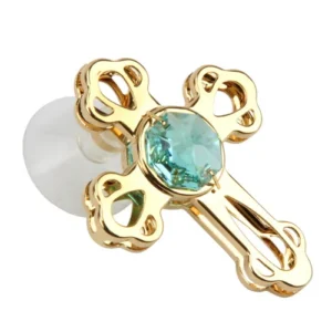 Gold plated cross shaped window suncatcher with a central gem, designed as a decorative Crystocraft gift to hang on glass panes.