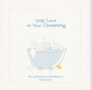 A handmade boys christening greeting card featuring a delicate design and a featured Bible verse on the front cover, perfect for religious baptism celebrations.