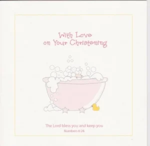 A beautiful handmade Christening greeting card for a baby girl featuring a scripture verse on the front, designed for a religious baptism or naming ceremony celebration.