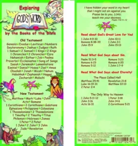 A colorful Exploring God's Word jumbo bookmark listing all books of the Bible, designed as an educational Sunday School gift for children.