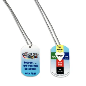 A colorful dog tag accessory for children featuring a faith-based gospel story design, ideal for church event giveaways and religious gifts.