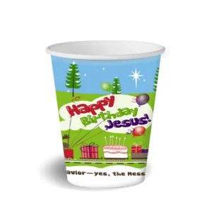 A set of eight colorful paper cups featuring a festive Happy Birthday Jesus design, perfect for holiday-themed Christmas gifts and party supplies.