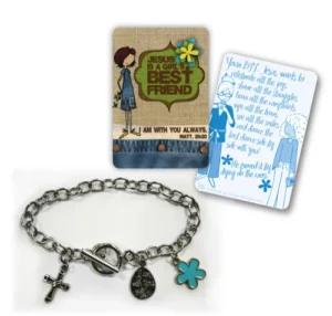 A delicate metal charm bracelet for children featuring a cross, flower, and Bible verse charm, displayed with an inspirational scripture card.