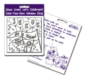 A DIY color-your-own window cling featuring a religious resurrection theme, perfect as an Easter gift or creative Sunday School activity.