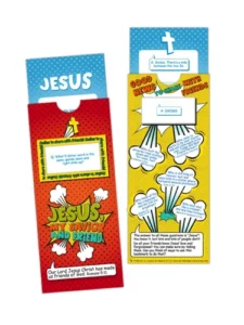 A Christian bookmark for children featuring 'Jesus My Savior & Friend' design, with interactive sliding cards revealing fun riddles, perfect for Sunday School gifts and encouraging faith.