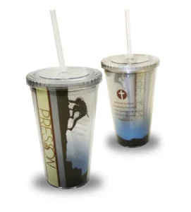 A 16 oz insulated take out tumbler featuring Philippians 3:14, perfect as a thoughtful Father's Day gift, complete with a screw-on lid and matching straw.