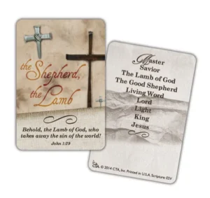 A pewter-finished cross lapel pin featuring a shepherd and lamb design, displayed on an Easter gift pocket card with scripture.