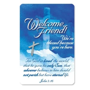 A polished silver cross-shaped lapel pin displayed alongside a greeting card printed with John 3:16, perfect for church lapel pins and badges collections.