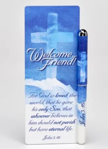 Christian gift set containing a pen and a jumbo bookmark featuring John 3:16 scripture for church welcome gifts
