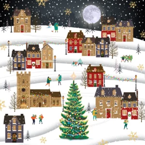 A festive illustration of a snowy Christmas village scene featured on a pack of 10 high-quality FSC accredited Tearfund Christmas cards with envelopes.