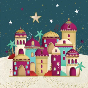 A pack of 10 festive Bethlehem Town greeting cards from the Tearfund Christmas Cards range, featuring high-quality FSC accredited board design with included envelopes.