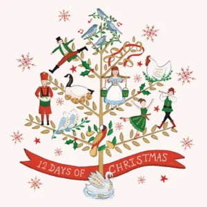 A stack of ten Tearfund Christmas Cards, showcasing the charming '12 Days of Christmas' illustrations on a high-quality, FSC-accredited board, with matching envelopes visible.