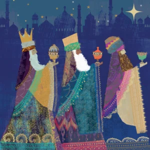 Pack of 10 Tearfund Majestic Kings Christmas cards and envelopes, featuring a festive Nativity scene illustration, perfect for sending seasonal greetings.