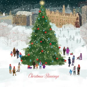A pack of 10 Tearfund Christmas cards depicting a charming 'Christmas Town' scene, ideal for sending holiday greetings to loved ones.