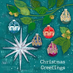 A pack of ten festive Tearfund Christmas cards featuring colorful bauble illustrations on premium FSC-certified cardstock, part of the Tearfund Christmas Cards collection.