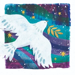 A pack of 10 Tearfund Christmas Cards featuring a serene Printy Dove design, printed on high-quality FSC accredited board, complete with envelopes for festive greetings.
